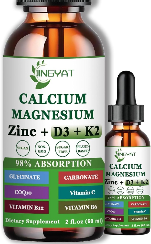 Calciu Magneziu Picături de zinc lichid, Magneziu lichid Glicinat 500mg Calciu 1000mg cu vitamina D3,K2,B6,B12,Coq10 pentru rezistența osoasă, funcția musculară,6X mai puternic decât capsulele Gummies