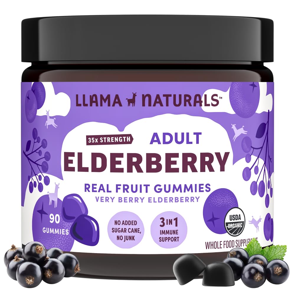 Llama Naturals Elderberry Gummies for Adulti, Vegan, Ecological Immune Supplement with Vitamina C and Zinc, Real Fruit Gummy Vitamins for Imunity, Chewable, No Added Sugar Cane, 90 Ct