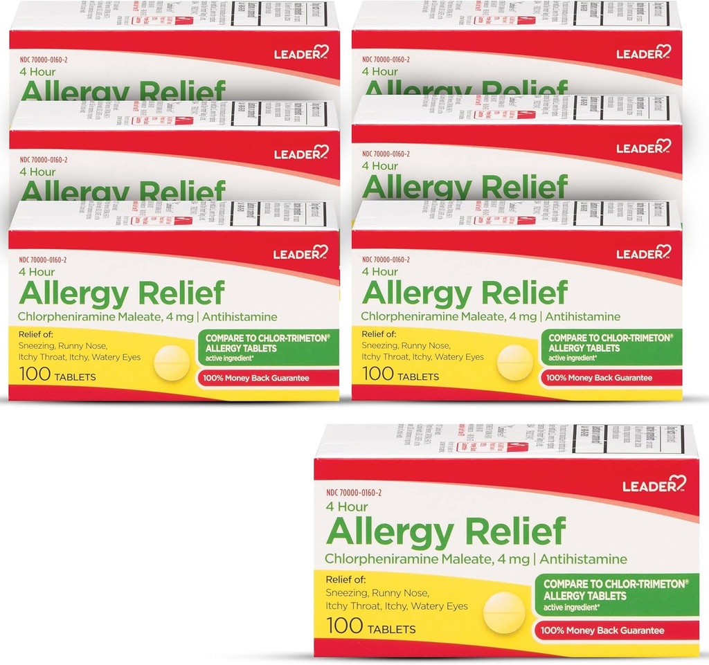Leader 4 ore Alergie Relief, Chlorpheniramina Maleate Tablets, Antihistamina, 4 mg, 100 Conte (Pachet de 6)