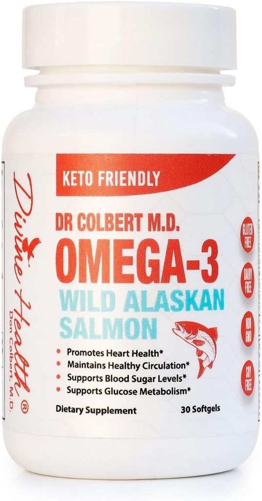 Dr. Colbert's Wild Alaskan Salmon Omega-3 care conţine surse naturale de Omega-3, DHA & EPA - Formulat de Dr. Don Colbert