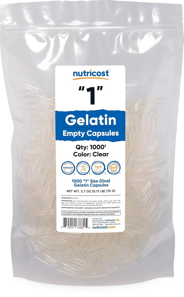 Nutricost Capsule goale Gelatină Dimensiune 1-1000 Capsule goale clare "1' Gel - Kosher, Non-GMO, Soy Free, Gluten Free