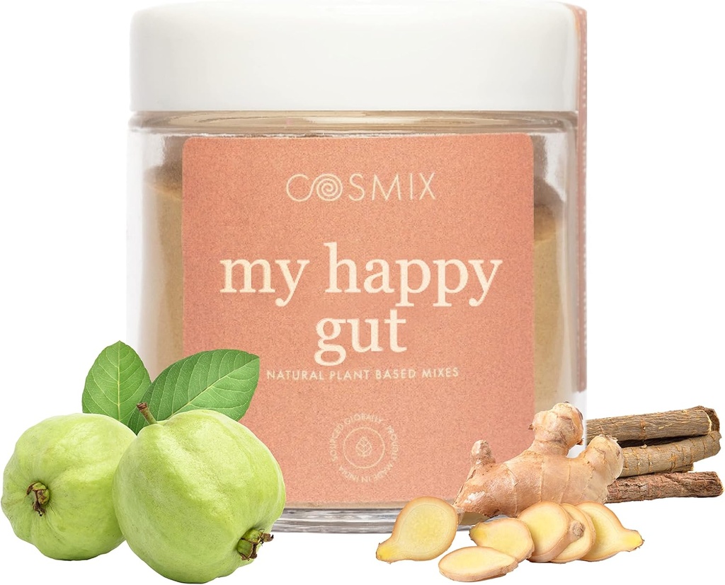 cosmix My Happy Gut, pentru o mai bună Digestion, Blooting & Global Gut Health, Natural, Plant-Based Superfood Blend, Makes upto 40 Servings, Adăugat Sugar, Vegan 50 G (Pachet de 1) Brown