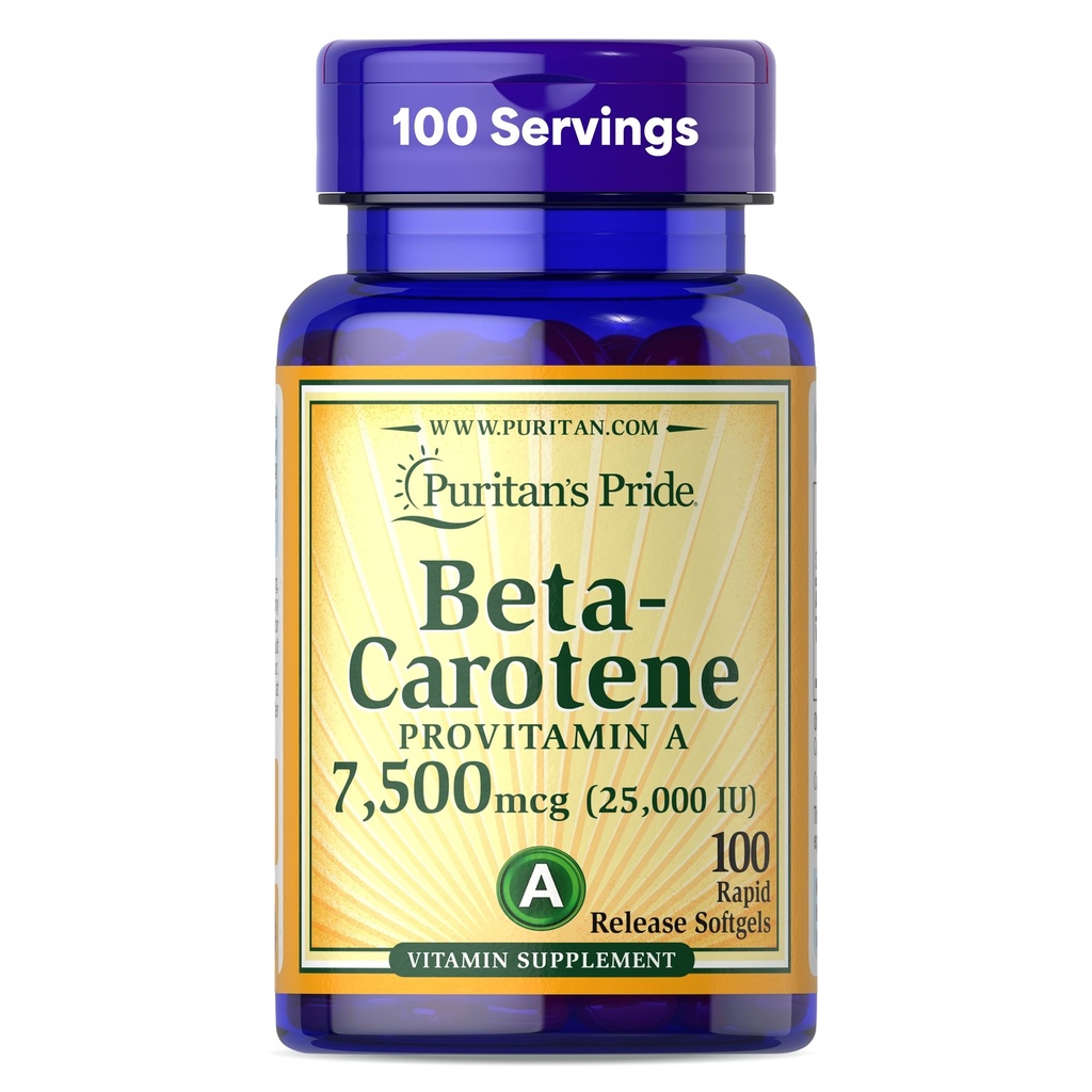 Puritan's Pride Beta Caroten Provitamine A 7,500mcg (25,000 UI), Suplimentul de vitamine pentru sistemul imunitar, Antioxidant şi suport pentru sănătatea ochilor, 100 de zile de aprovizionare, 100 Softgels de eliberare rapidă