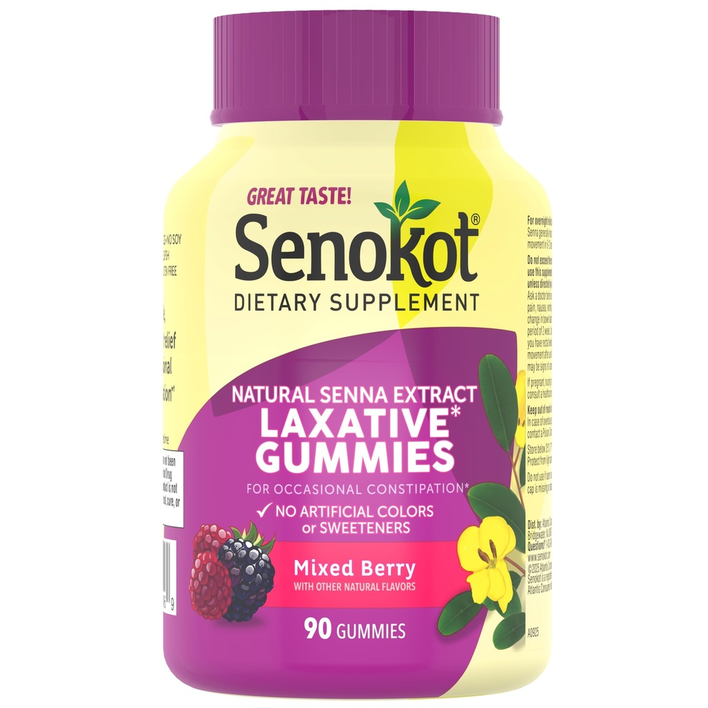 Senokot Supliment alimentar Gumiile Laxative, Extrasul Senna Natural, Gentle, Overnight Relief de constipație ocazională, Aroma mixt Berry, 90 Conte