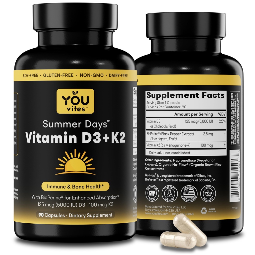 Vitamina D3 + K2 - Absorbţie maximă, 5000 UI D3 & 100 μg K2 MK-7 (Menachinonă-7) cu BioPerină - Os, Inimă & Suport Imun - non-GMO, Gluten Free, Soy Free - 90 capsule - Supliment zilnic