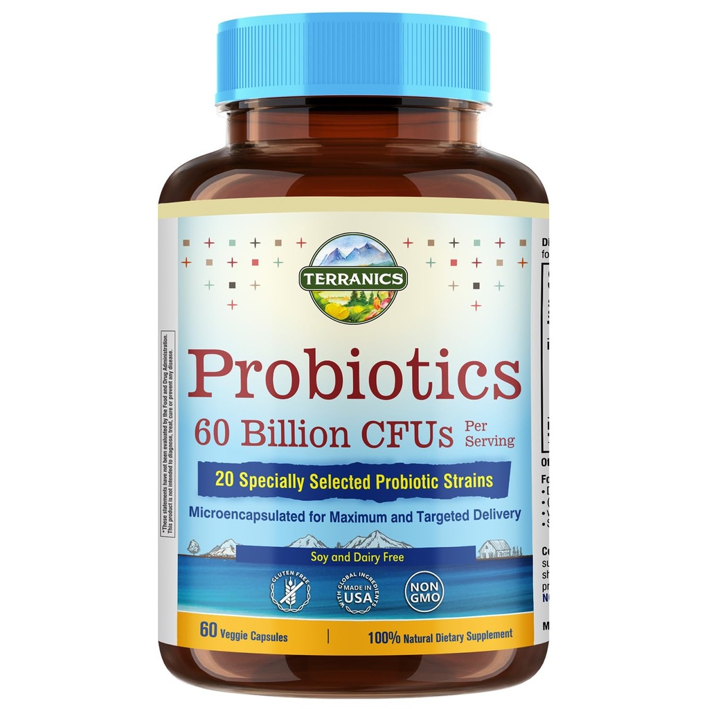 Terranici Probiotice 60 Miliarde CFU, 20 Trenuri, 60 Capsule Veg, Prebiotice & Probiotice, Supliment Probiotic Stabular pentru bărbaţi şi femei, Digestive & Immune Health, Non-GMO, NO Soy, Dairy & Gluten