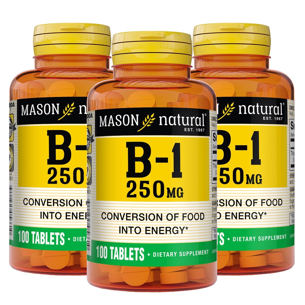 MASON NATURAL Vitamina B1 Tiamină 250 mg, 300, alimentare de zi, Supliment alimentar pentru a sprijini nivelurile de energie naturală, 100 comprimate (Pachet de 3)