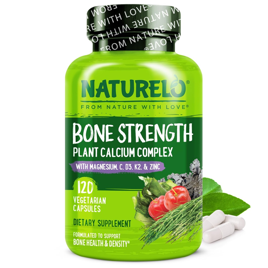 NATURO Supliment de calciu - cu vitamina C, vitamina D3, K2 şi zinc de calciu pentru concentraţia osoasă cu calciu 600mg - Capsule vegetale, 120 Vegetarie, non- GMO, soia şi gluten-free