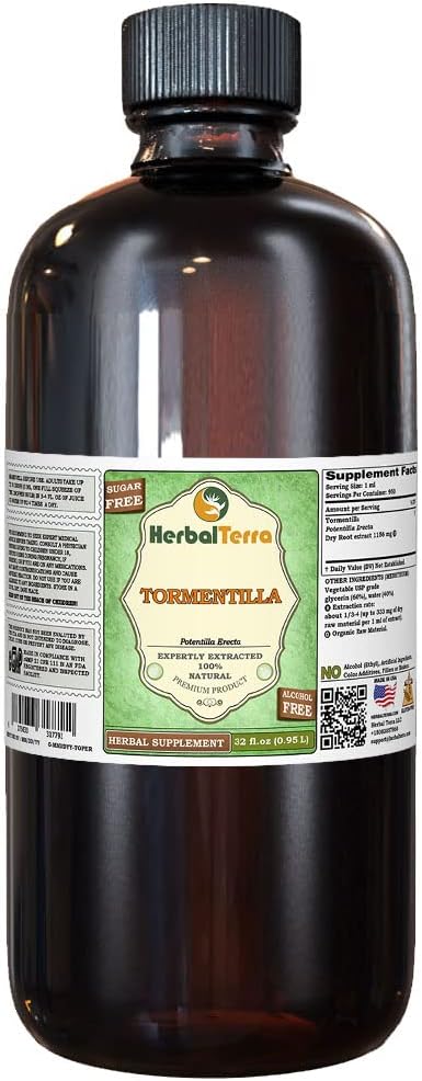 Tormentilla (Potentilla erecta) Glicerit, Extract lichid fără alcool din rădăcini uscate (Brand Name: HerbalTerra, Proudly Made in USA) 32 fl.oz (0,95 l)