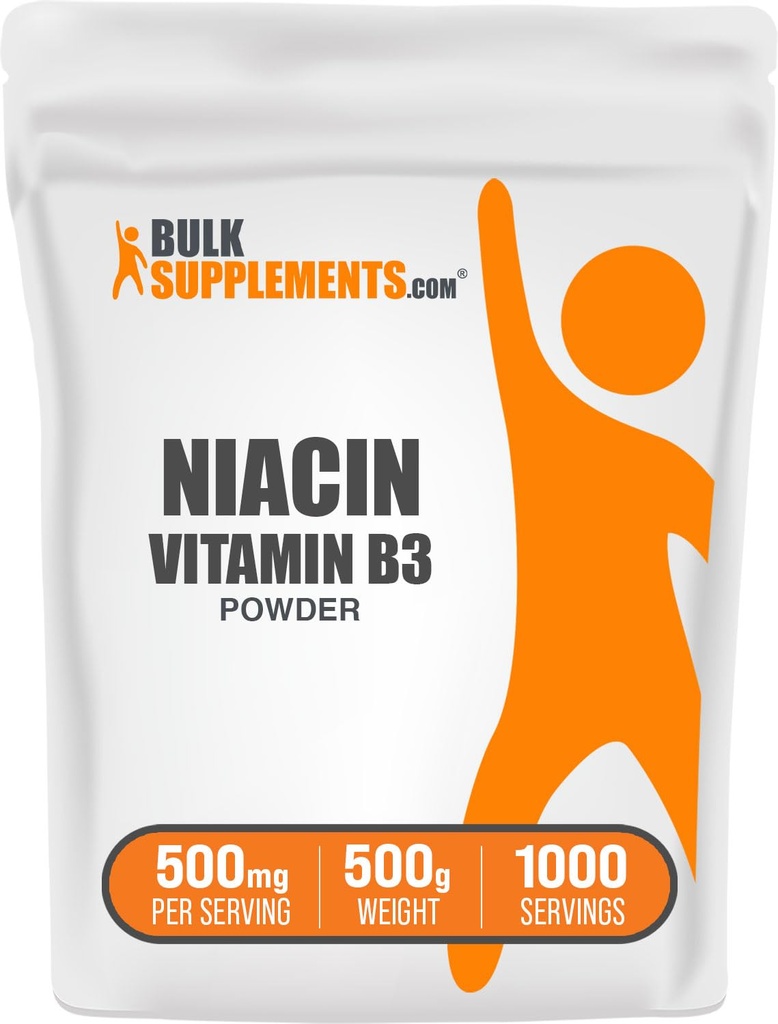 BulkSupplements.com Niacin pulbere - Supliment vitamina B3, Niacin 500mg - Niacin Culoare, Niacin cu Flushing - Gluten gratuit, 500mg de Niacin per Serving, 500g (1.1 lbs) (Pachet de 1)