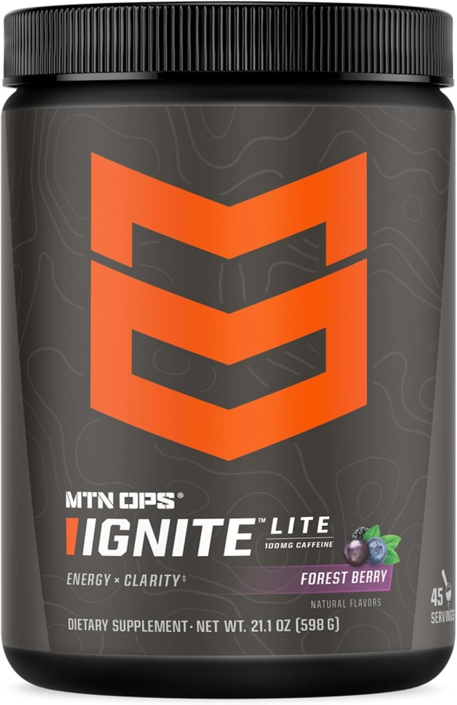 MTN OPS Ignite Energetic Drink Powder Gluten Free Nitricoxide Supplement Drink Mix, L Arginine, L Citruline, Cafeina & Nootropic Sugar Free Drink Mix, 45 Servings, Forest Berry