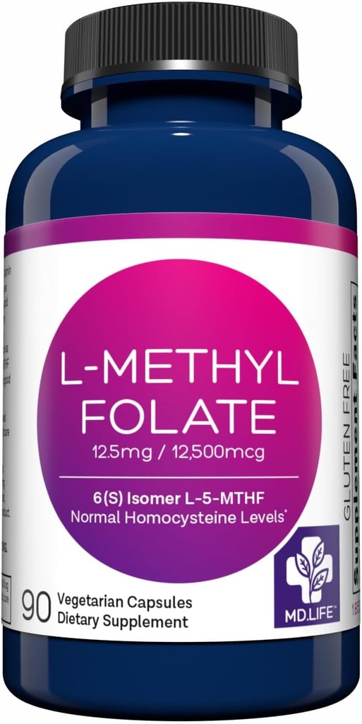 MD Life L Methylfolate 12,5mg - Professional-Grad Active Methylfolate Supplement - Maximum Potenty MTHFR Suplimente - L metilfolat 12,5 mg 90 capsule - Aminoacizi esențiali