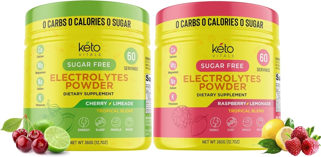 Keto Vitals Cherry Limeade Bundle cu zmeură Limonadă - 2 Pack Bundle Keto Electrolits pulbere - Electroliți cu potasiu, magneziu, sodiu, calciu - Limonadă de cireșe și limonadă de zmeură