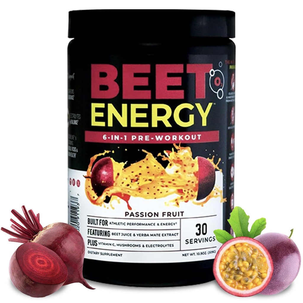 Nurology Beet Energy O2, Pre Workout Powder, Energy, Endurance & Nitronic oxid Booster with Beet Powder, Yerba Mate, Adaptogens & Electrolytes, Vegan Pre Workout, Passion Fruit Flavor, 30 Servings