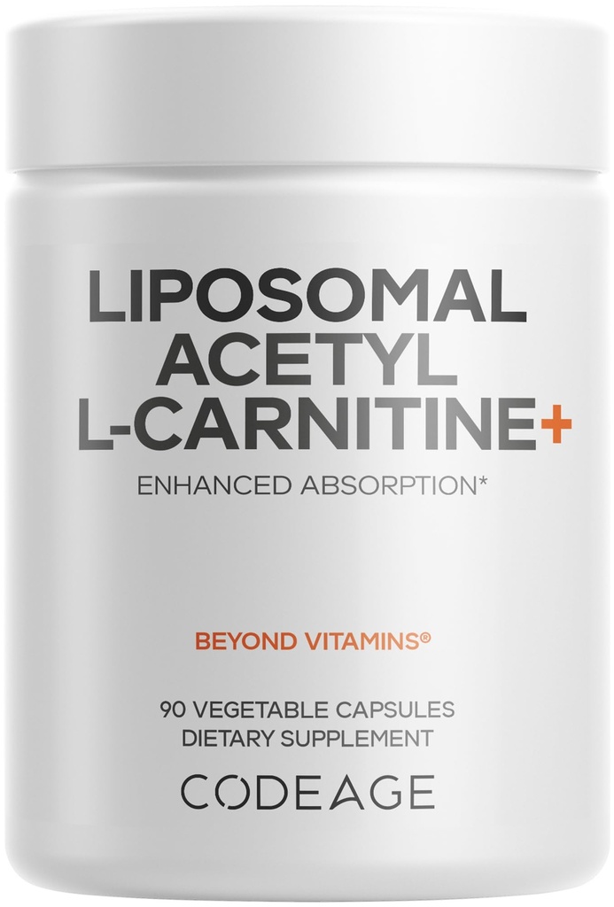 Codeage Liposomal Acetil-L-Carnitine+ Supliment - 500 mg Acetil-L-Carnitină per Serving - 3-Lonth Supply, Liposozomal Livrare - Alcar Supliment - L-Carnitina - Non-GMO, Gluten-Free, 90 capsule
