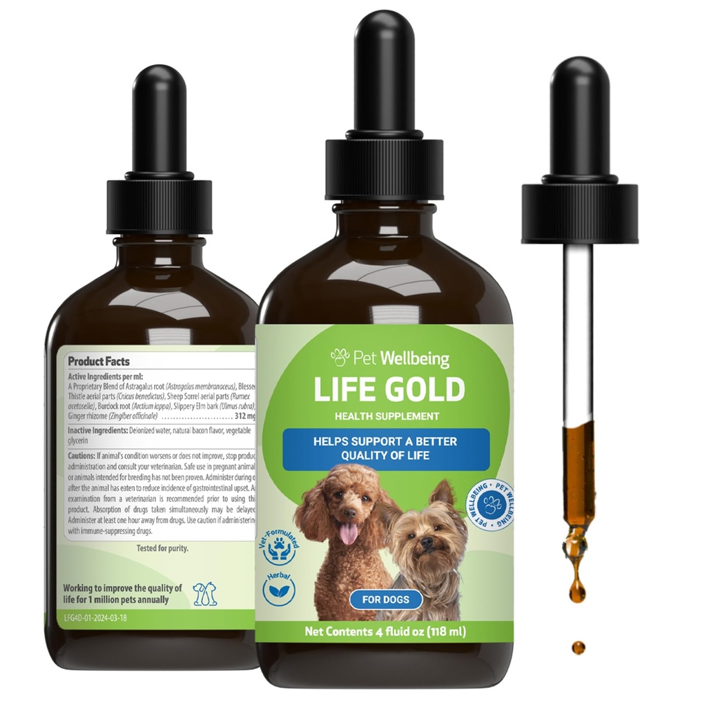 Pet Wellbeing Life Gold pentru câini - Suportă detoxifiere, Sistemul imunitar Sănătate, Antioxidanţi - Suplimentul Herbal cu Formulat Vet 