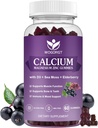 Gume de zinc de calciu WOGORGT de magneziu cu vitamina D3 - Complex de înaltă absorbţie Supliment de calciu cu Sea Moss, Elderberry pentru oase, musculare, Immune, Mood & Sleep Support, Vegan - 60 Gume