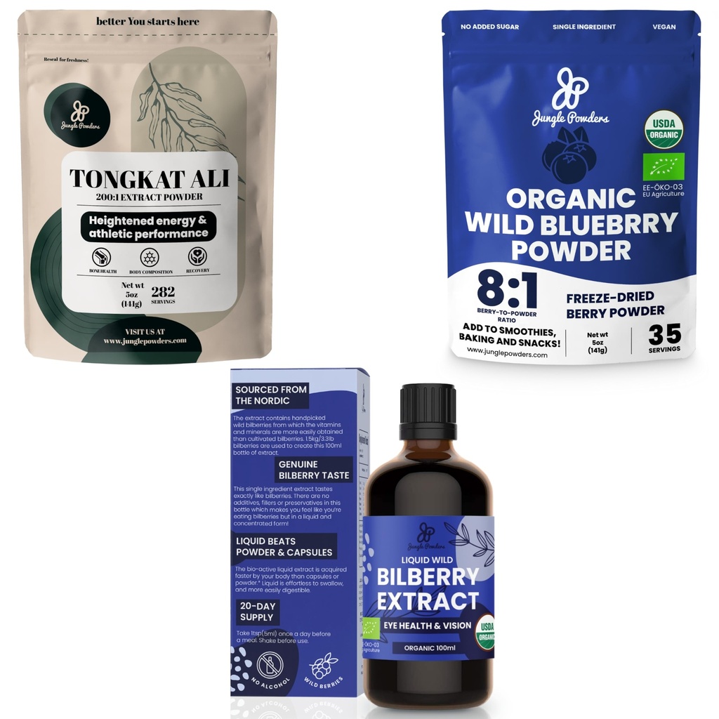 Pudre Jungle Ultimate Men's Health & Wellness Bundle: 5 oz Tongkat Ali Powder, 5oz Wild Blueberry Powder & 3.4oz Organic Bilberry Liquid Extract - Suplimente Premium pentru Drive, Passion, Eyesight