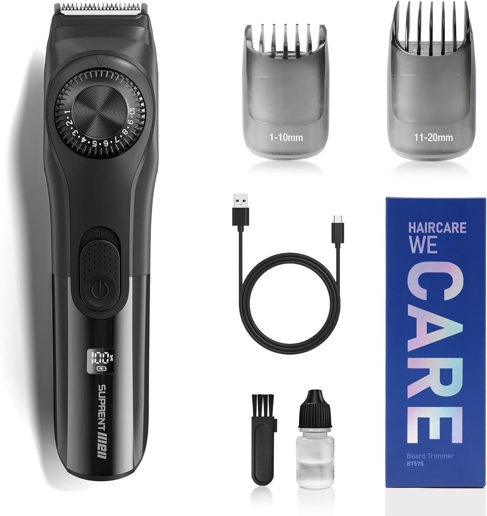 Trimmer cu barbă reglabilă SUPRENT pentru bărbaţi, Trimmer cu barbă electrică fără fir cu dial de precizie, USB Reîncărcabil 19 Setări de lungime Trimmer cu mustaţă pentru bărbaţi Cadouri (negru)