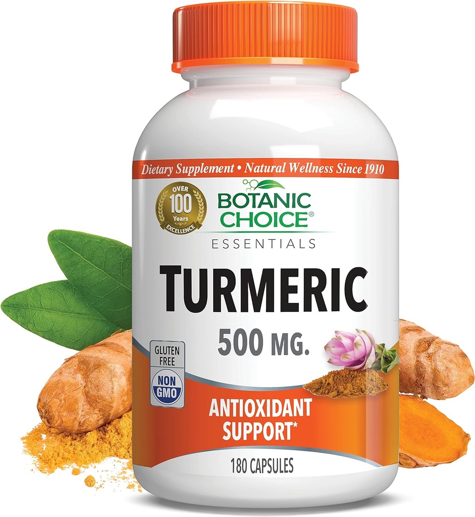Alegerea botanică Premium suport antioxidant turmeric - Suplimentul comun de sănătate pentru adulți - 180 capsule Vege (fiecare 500 mg)