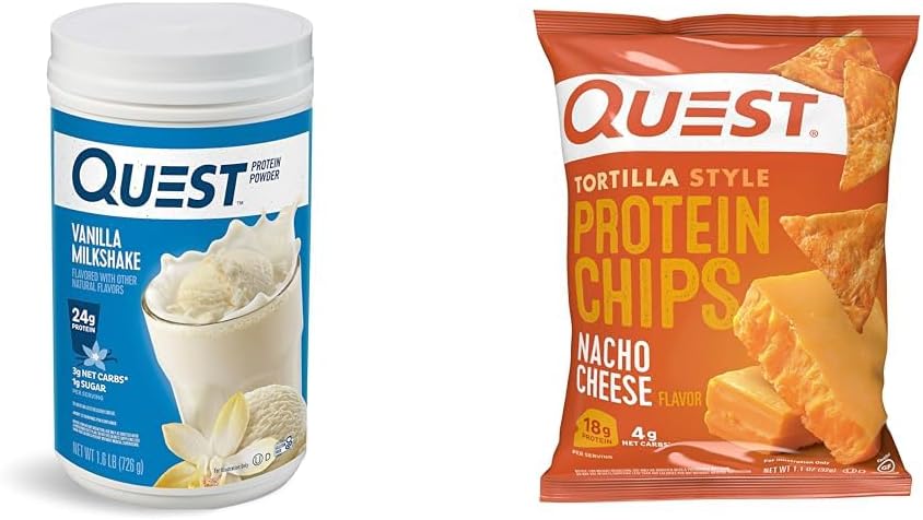 Quest Vanilla Milkshake Proteina pulbere, 24g Proteina, 1.6lb + Quest Nacho Brânză Tortilla Stil de proteine chips-uri, 18g Proteina, Pachet de 12