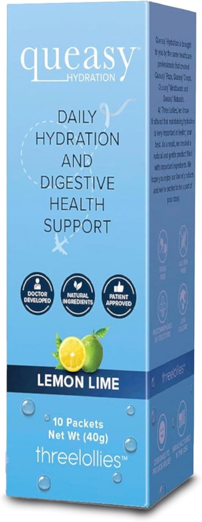 Three Lollies Queasy Hydration MD Packets - Natural Digestive Support în timpul tratamentului, Rehidrata, Eases Greață și înlocuiește Nutrients - 10 Pachete