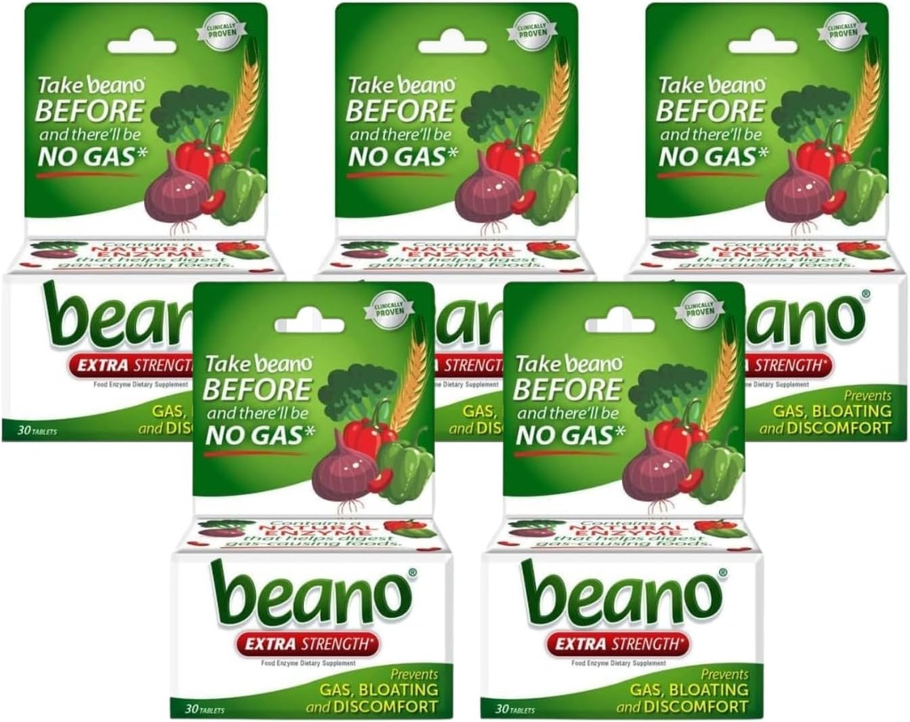 Beano Extra Putere, Prevenirea gazelor și Digestive Enzyme Supliment, 30 Count (Pachet de 5)