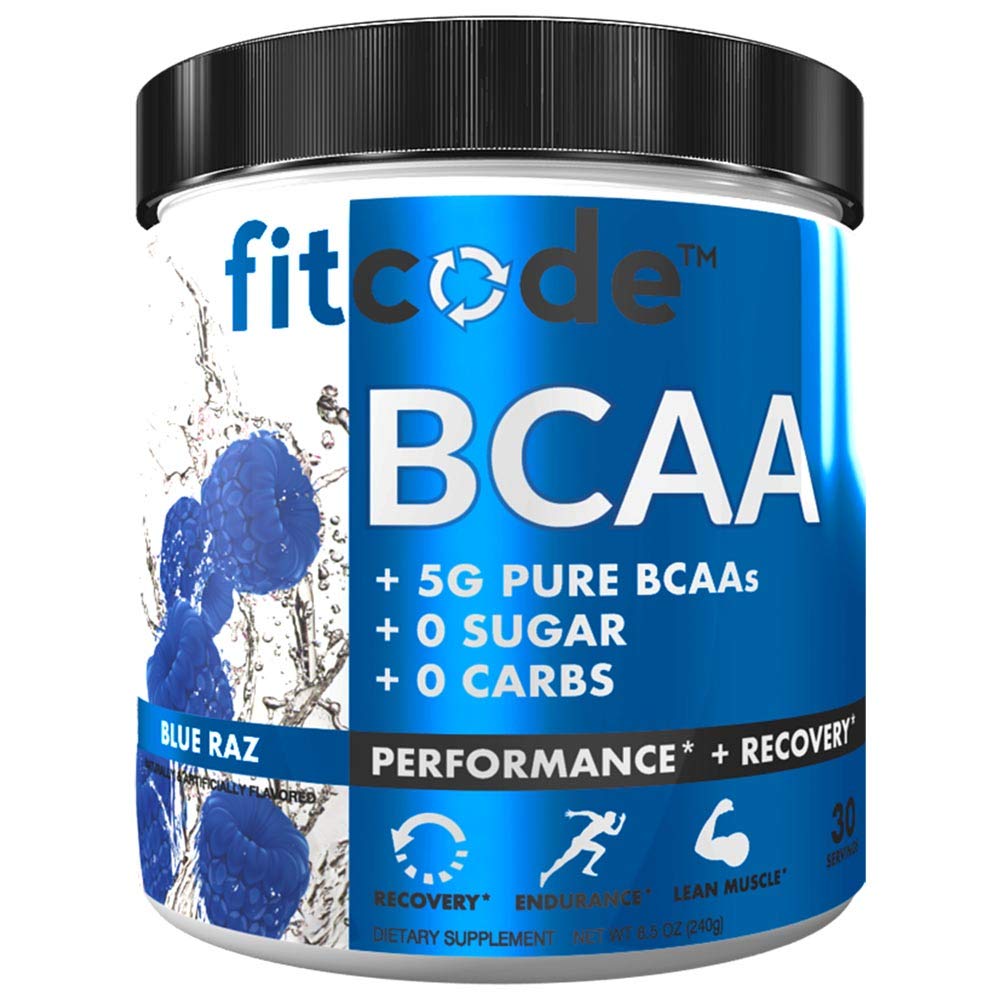Fitcode Ultra Premium BCAAs cu 5G de BCAA pure cu demonstrat 2:1:1 Raportul de aminoacizi pentru a ajuta la recuperarea post antrenament, creștere musculară Lean, rezistenta, 30 Serviri (Blue Raz)