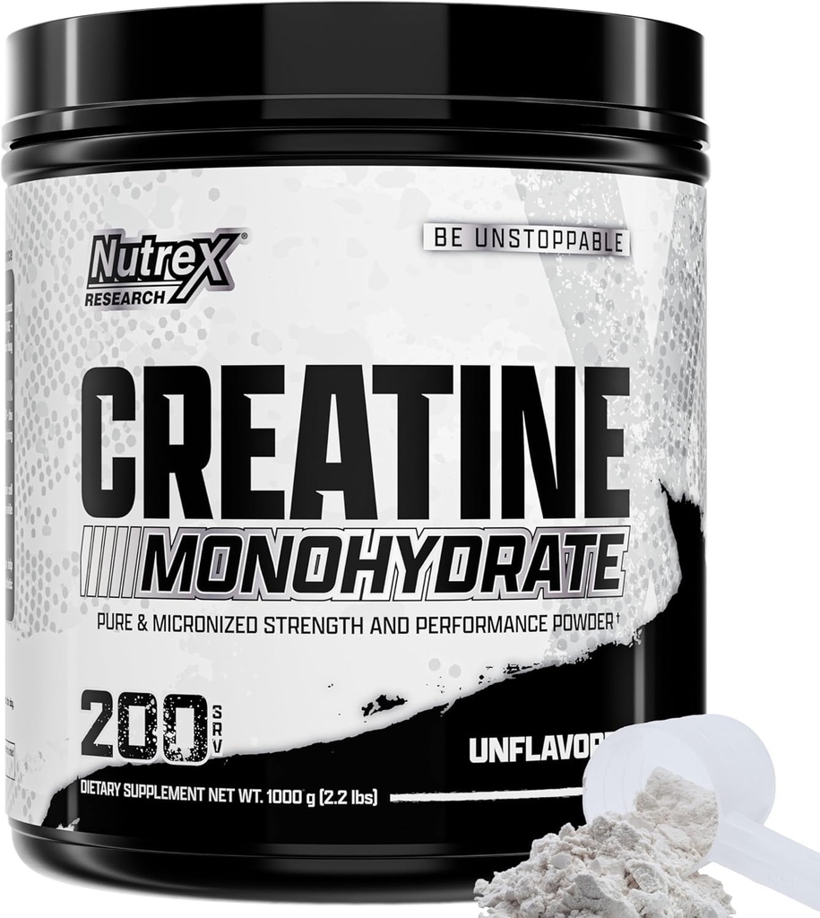 Nutrex Research Micronized Creatin Monohidrat pulbere - 200 Servings (1KG) Pure, Nearomated Creatin Monohidrat Supliment pentru câștigul muscular, Putere și performanță, 5G Per Serv (2.2lbs)