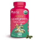Zena Nutrition Organic Super Greens Fruit & Veggies Supliment, 70+ Superfoods din fructe si legume, 3g Fiber, Spirulina, Chlorella, Prebiotics & Probiotice, Enzime digestive, 180 Capsule