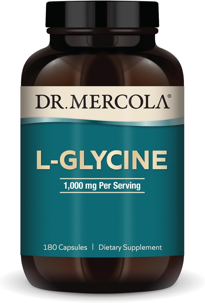 Dr. Mercola L-Glycine - SIDA Producţia de Glutatione & Colagen - Suporturi Inimă, Brain, Digestion, Metabolic & Immune Health - Non-GMO, Gluten-Free & Soy-Free - 180 capsule (90 Servings)