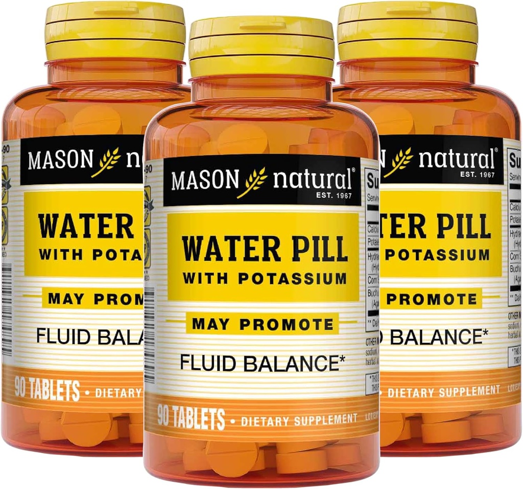 Pastila de apă naturală Mason cu potasiu și calciu - susține echilibrul de lichide, ajută la ameliorarea balonare și umflarea, Supliment natural diuretic, 90 comprimate (Pachet de 3)