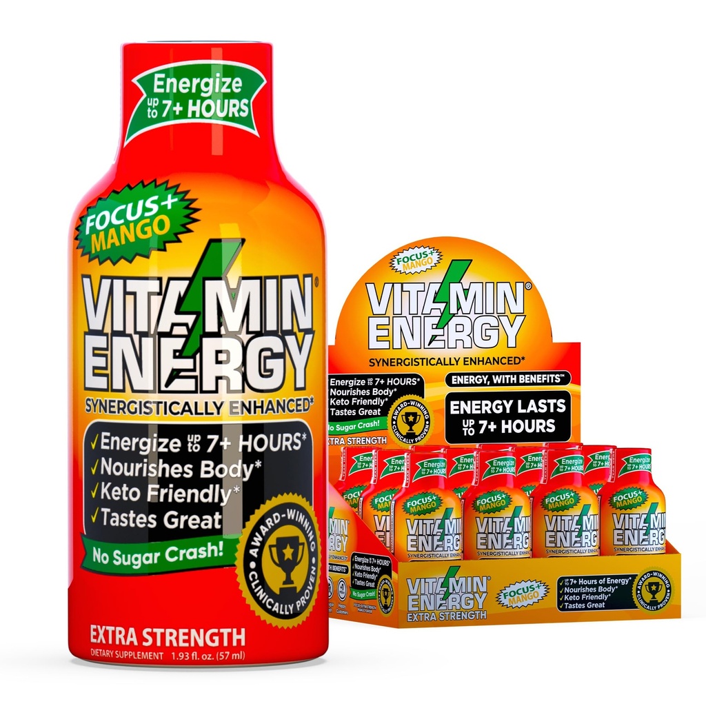 Vitamin Energy Focus+ Extra Putere Energie Shot Mango 12 Pack, 260 mg Cafeina naturala, B-Vitamina, CoQ10, Amino Acidi, Focus, Productivitate & Clarity, Zero Zahăr, Gluten-Free, 1.93 fl oz