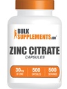 BulkSupplements.com Capsule Citrate de zinc - Suplimente de zinc, Gluten gratuit - 30 mg pe servire, 1 capsulă per Serving, 500 Conte (Pachet de 1)