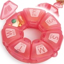 Round Weekly Pill Organizator, TPU Rubberized, Travel Pill Container 7 zile, cu 7 Compartimente mari, mare pentru Daily Vitamine & Suplimente, Cute Pilula Case cu litere mari și Braille (Rose)