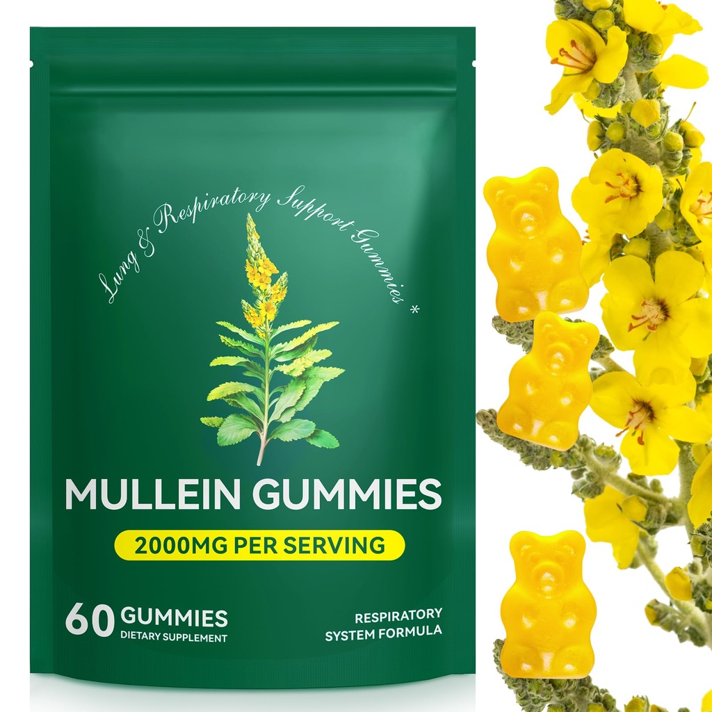 Mullein Gummies pentru Lung Detox, 2000mg Extract de frunze Mullein pentru suport respirator și digestiv și imun, Organic Mullein Herb Supliment pentru Mucus Relief pentru respiratorii, Imune, Vegan 60 Gummies