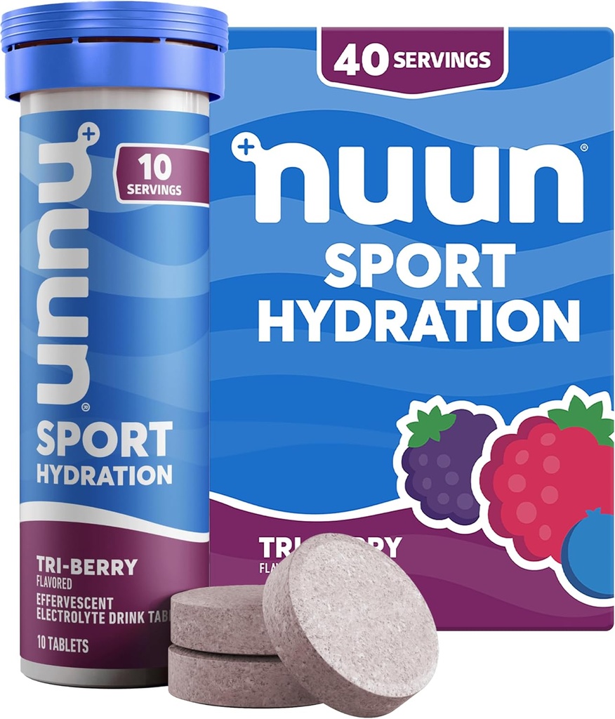 Nuun Sport Electrolit Tablete cu magneziu, calciu, potasiu, clorură & sodiu, gluten Free & Vegan, Tri-Berry, 4 Pack (40 Servings Total)