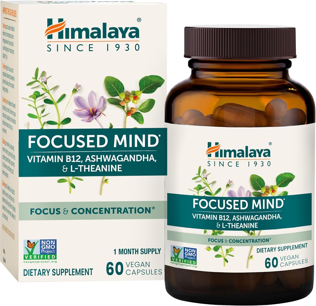 Himalaya Mintea concentrată cu Ashwagandha, Bacopa & L-Theanine pentru Focus, Energie şi Atenţie, 60 Capsule, 1 lună de aprovizionare, Vegan, Gluten gratuit