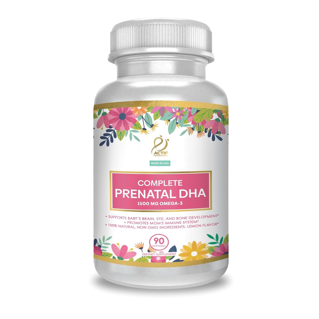 ACTIF Complete Prenatal DHA cu 1500mg Omega-3, 100% Natural, Organic DHA, EPA Non-GMO, 90 Conte