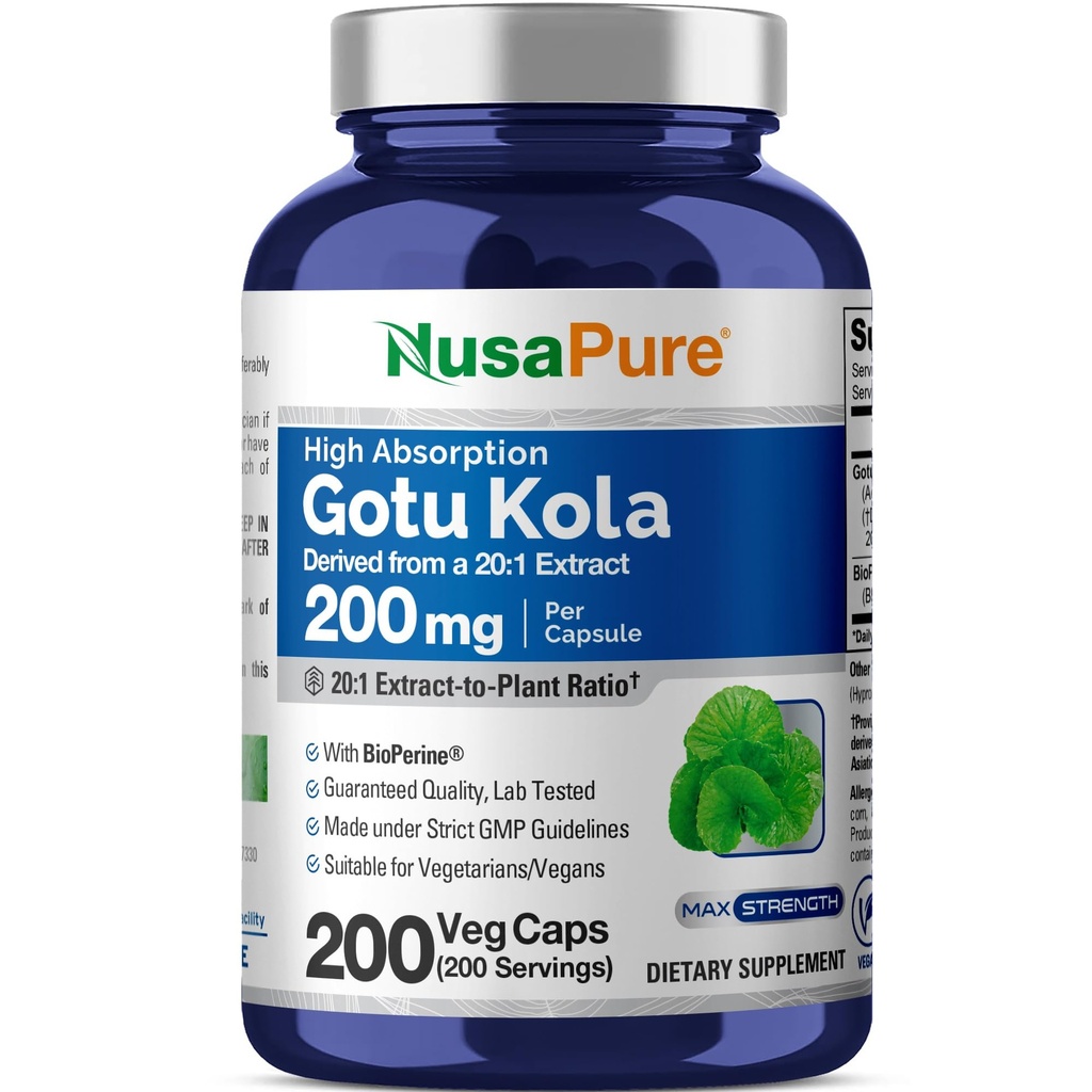 NusaPure Gotu Kola Capsules 20:1 Extract, 200 mg echivalent cu 4000 mg Per Veggie Caps, 200 Conte, Non-GMO, Vegan, Bioperine - extract tradițional de plante aromatice