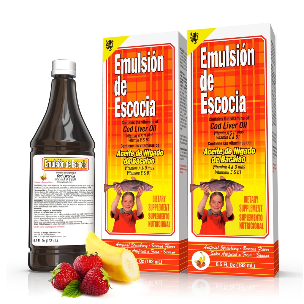 Emulsión de Escocia Cod Ulei de ficat lichid Supliment cu vitaminele A, D, E & B1 - Ulei natural de pește Omega 3 pentru copii și adulți - Aroma delicios de capsuni Banana - 6.5 oz (2-Pachet)
