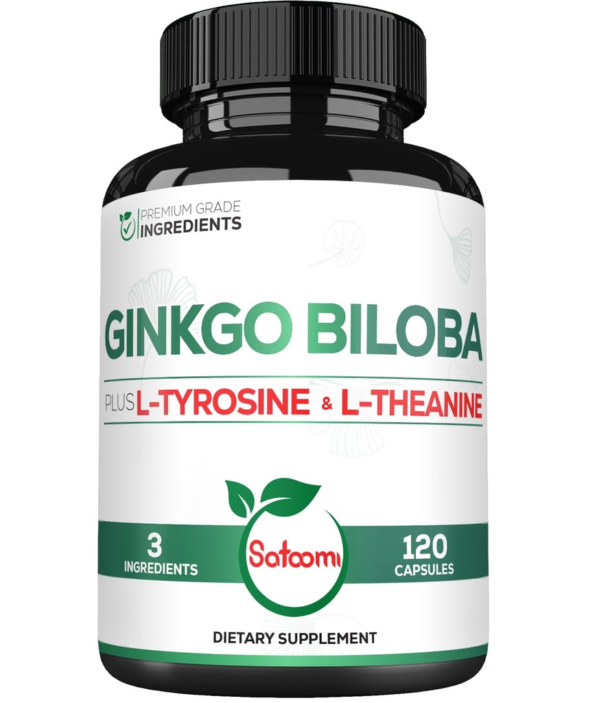 1000mg Ginkgo Biloba Suplimente cu L-Tyrosine, L-Teanină - 120 capsule pentru alimentare cu 2-Month - Suport Focus, Funcţie Mermory, Brain Health & Vision Quality