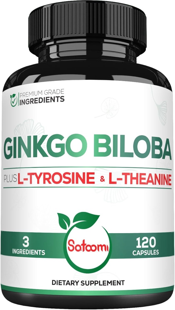 1000mg Ginkgo Biloba Suplimente cu L-Tyrosine, L-Teanină - 120 capsule pentru alimentare cu 2-Month - Suport Focus, Funcţie Mermory, Brain Health & Vision Quality