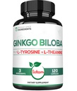 1000mg Ginkgo Biloba Suplimente cu L-Tyrosine, L-Teanină - 120 capsule pentru alimentare cu 2-Month - Suport Focus, Funcţie Mermory, Brain Health & Vision Quality