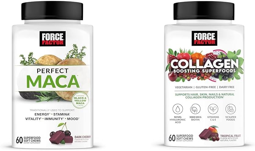 Force Factor Maca Root and Collagen Soft Chews Bundle with 60 Maca and 60 Collagen Chews