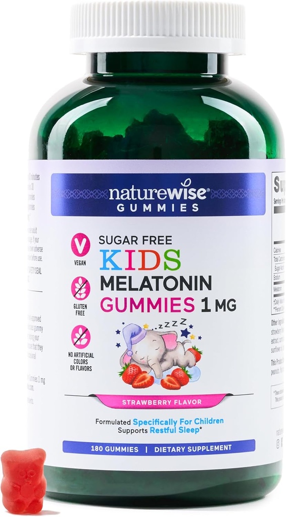 NatureWise Kids Melatonin 1 mg Gummie fără zahăr pentru copii Vârstele 4 & Up - non-Habit Forming Sleep Aid - Strawberry Flavored - Vegan, No Gluten, Non-GMO - 180 Count[6-Month Supply]