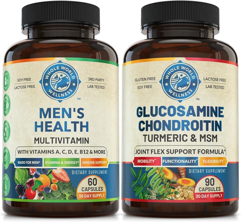 Mens Daily Multivitamine & Advanced Joint Support Bundle (O sticlă fiecare). Sprijină în mod colectiv wellness holistic, energie stimulată și sănătate comună. USA Made.