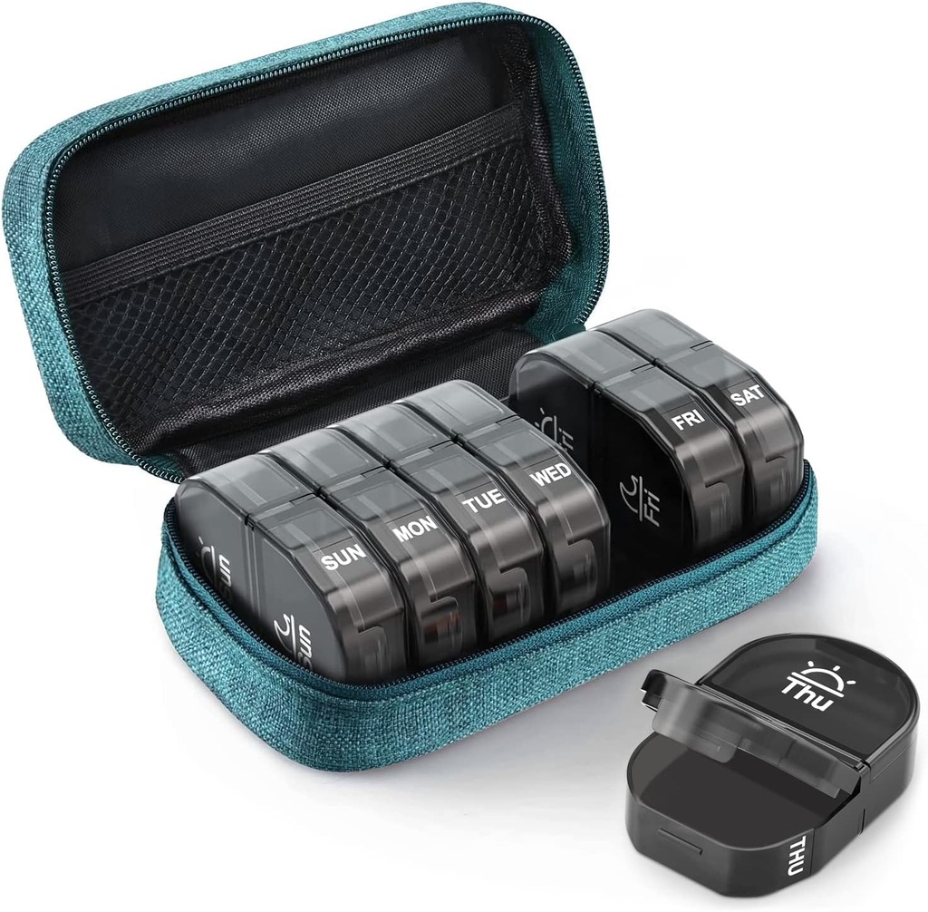 Auvon Canvas Bag Travel Pill Organizator de 2 ori pe zi, Large AM/PM Săptămânal Pilula Cutie 7 zile Pilula cu Cyan Portable Zipper sac de haine pentru Holding Suplimente, Vitamine și uleiuri de pește