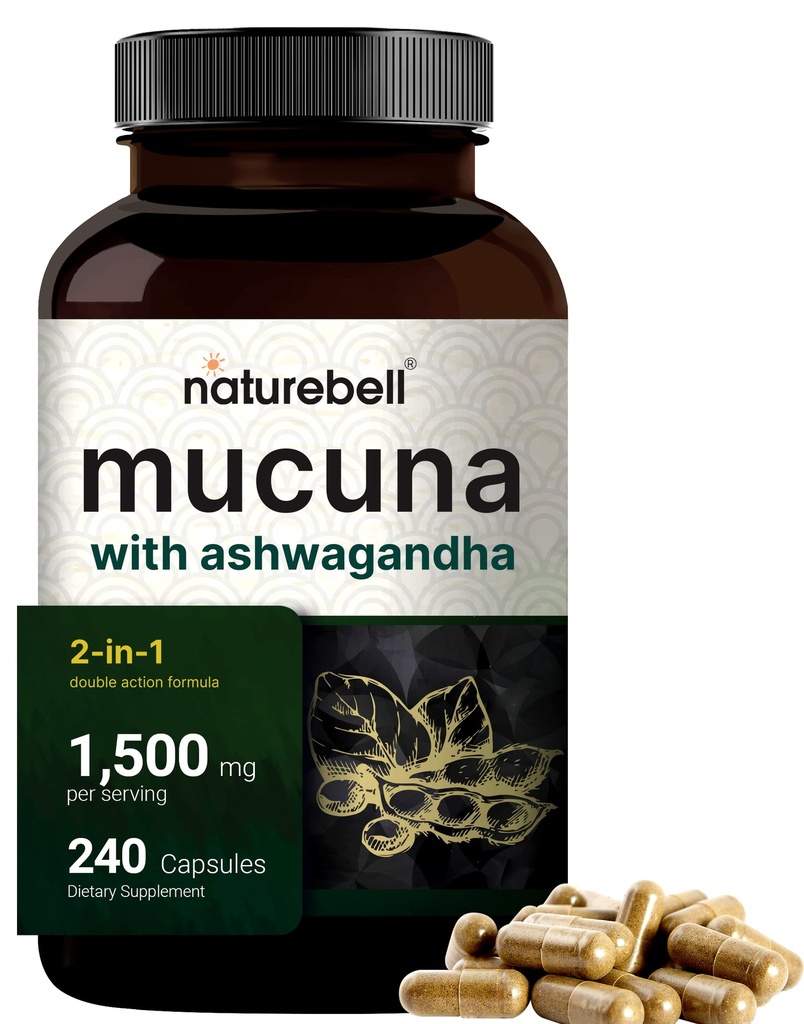 Mucuna Pruriens Capsule, Triple Putere 1500mg Per Serving, 2 din 1 Formula, Made with Mucuna and Ashwagandha, 240 Capsule, Potent Seed Extract, pozitiv Mood, Relaxare & Restaurare Suport