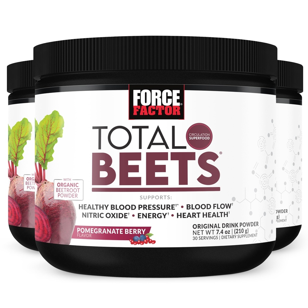 Force Factor Total Beets Drink Mix Superfood Powder cu nitraţi pentru a sprijini circulaţia, oxid de azot, energie, rezistenţă şi rezistenţă, Cardical Heart Health Supplement, 90 Servings, 3-Pack